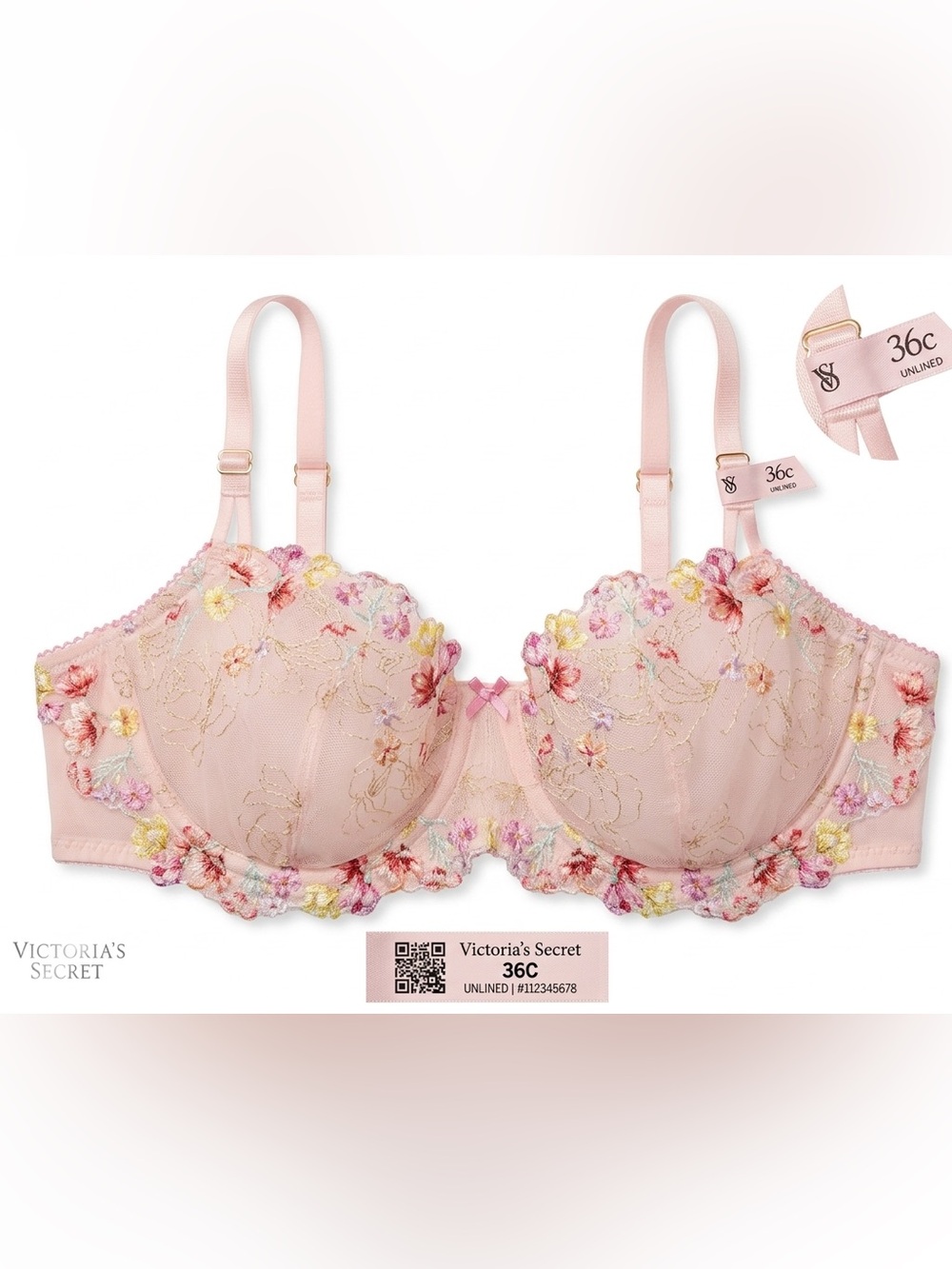 VS Size (36B/36C/36D )Pink Floral Embroidered Underwire Bra